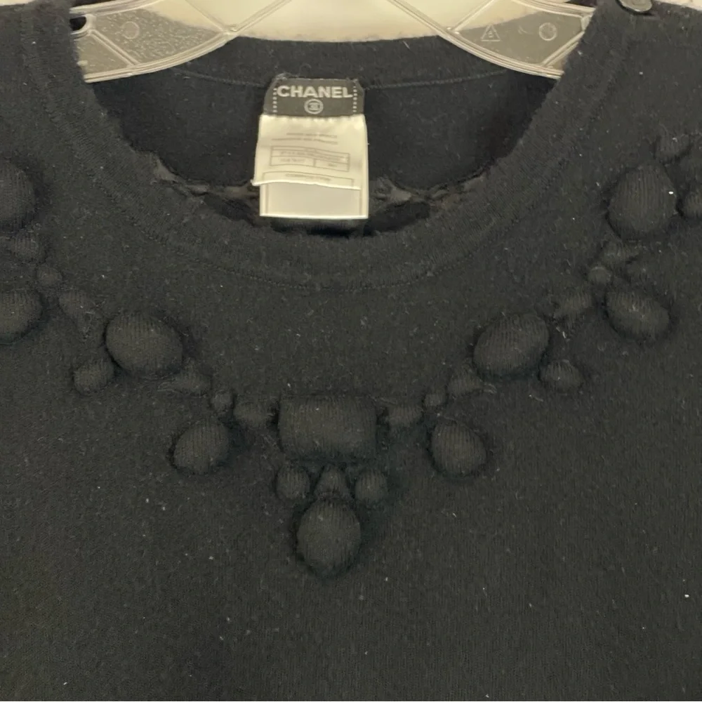 CHANEL Black Wool Sweater CC Button Pom Pom Bobble‎ Embellished Size 46 Vintage